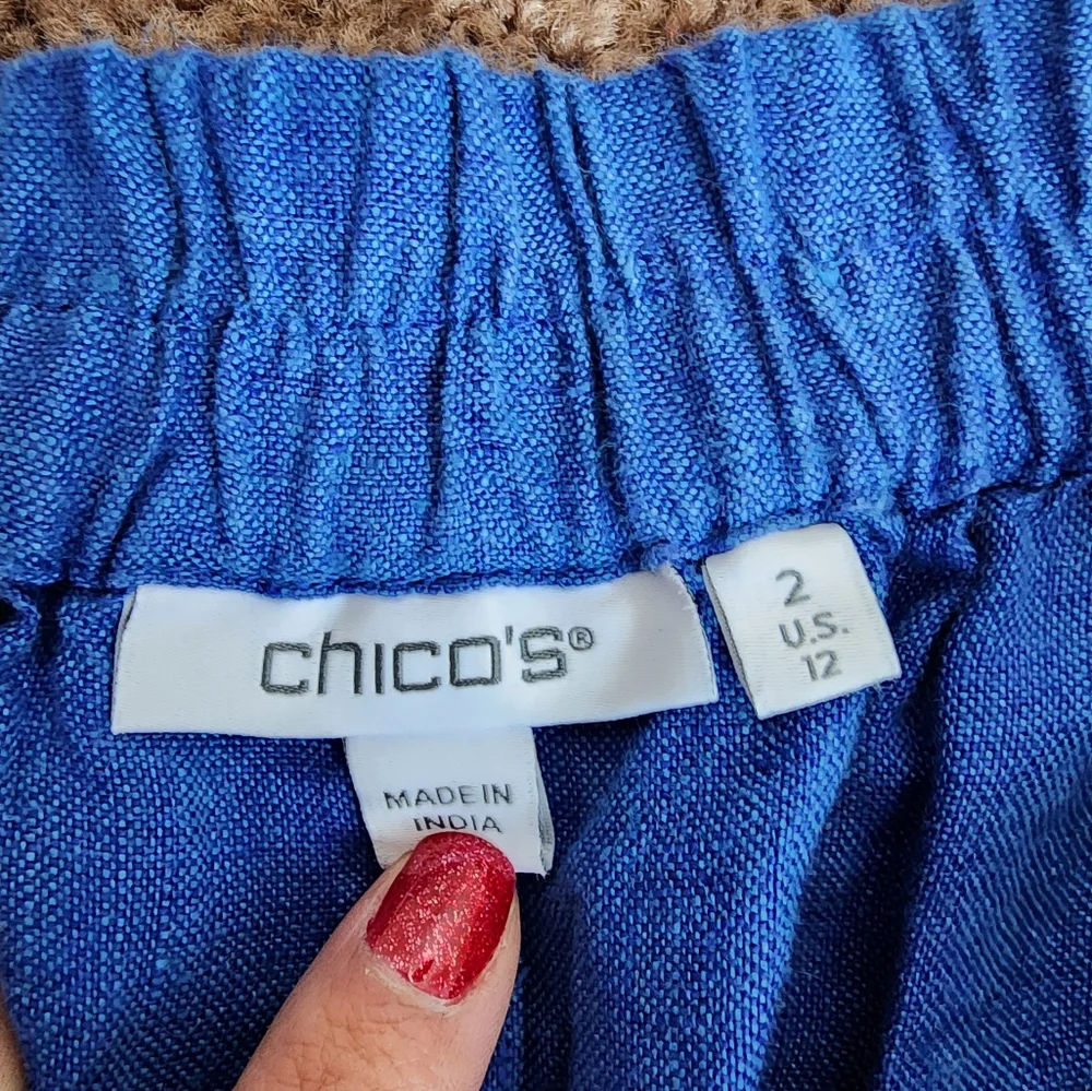 Chico's Linen Button Hem Crop Pants Women's 2 Blue Pull On Relaxed Fit W…